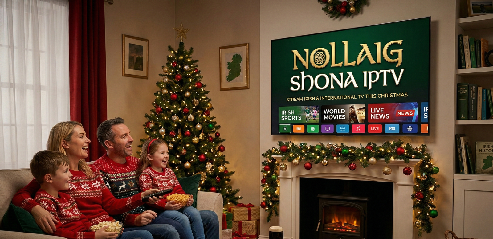 IPTV Ireland - Family enjoying premium Irish IPTV subscription on Smart TV with live channels and sports